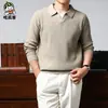 Roupas masculinas populares no estilo old money, camisa polo de malha estilosa para homens, roupa casual de outono com gola tesoura, camisa masculina canelada de manga longa em cor sólida