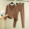 Nuevo conjunto térmico de terciopelo de doble cara para otoño e invierno, con cuello cuadrado, para mujer, conjunto de dos piezas de top y leggings cálidos de otoño