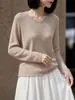 Tricô de Uma Peça em Linho Tencel com Gola Redonda para Mulheres Primavera Outono Sem Costura Solto Base para Commute Francês Férias