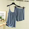 Conjunto de camisola e shorts de modal para mulheres, fino, de cor sólida, soltinho para o verão, modelador e adequado para usar por cima da roupa, conjunto de duas peças