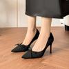 Sapatos Femininos Estilo Francês Pequenos e Perfumados com Laço, Sapatos Femininos de Camurça Francesa de Alta Qualidade com Bico Fino e Salto Alto, Saltos Agulha Que Não Cansam os Pés