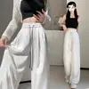 Pantalones de pierna ancha con estampado de tinta de seda helada para mujer, finos de verano, casuales, de cintura alta, rectos, fluidos, hasta el suelo, para tallas grandes