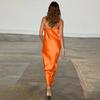 Europeu e Americano Ins2025 Outono Novo Sexy Decote em V Profundo Alça Vestido Longo de Cetim Francês Cor Lisa Elegante Sem Costas