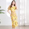 Moda Europea Bordado Pesado Aplique Tridimensional Verano Elegante Vestido de Mangas Abullonadas Cuello en V Abertura Vestido de Gala