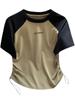 Camiseta Raglan Manga Curta Algodão Puro Estilo Retrô Americano para Mulheres Verão Design de Nicho Camisa com Cordão na Cintura Top Curto