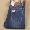 Calça jeans masculina reta de algodão branco lavado, espessa, azul, para outono e inverno, respirável, fibra de poliéster stretch