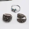 Anillo Vintage de Plata de Ley Mariposa Negra Tinta Cara Ancha Pegamento Goteando Mariposa de Moda Boca Viva Ajustable Anillo Dedo Índice Joyería