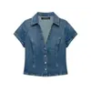 Comercio Electrónico Transfronterizo Estilo Europeo y Americano Ropa para Mujer ZA AliExpress Más Vendido Verano Retro Solapa Ajustado Top de Mezclilla