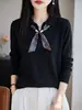 Suéter de Tricô de Lã Fina com Gola Lapela Manga Longa Cachecol Pulôver Solto Camisa Base Top para Mulheres Outono/Inverno 2026