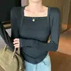 H562 Top casual para mujer de estilo francés, falso dos piezas, manga larga, cuello cuadrado, corte ajustado, camisa base fina versátil de otoño