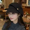 Boina Botão Plissada Estilo Coreano para Mulheres Outono Retro Afina o Rosto Chapéu Octogonal Moda Artística Versátil Chapéu de Pintor