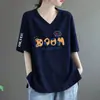 Camiseta de Manga Corta para Mujer de Comercio Exterior Transfronterizo, Cuello en V, Nuevo Estilo de Verano, Holgada, Talla Grande, Cubre Vientre, Adelgazante, Top Camiseta Estampado de Moda