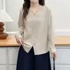 [Especial] Camiseta Elegante de Manga Larga con Cuello en V y Doble Botón con Abertura, Estilo Coreano, Nueva para Otoño/Invierno, para Mujeres de Tallas Grandes 1081