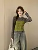 Camiseta de manga larga de dos piezas estilo coreano para mujer, nueva colección otoño 2026, corte holgado, adelgazante, versátil y moderna para figuras petite