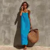 Colección de verano nueva transfronteriza europea y americana: Vestido largo de algodón y lino, de color liso, sexy, retro y sin esfuerzo chic para mujer