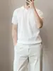 Nueva camiseta de punto de manga corta de verano para hombre, camiseta POLO de seda helada, cuello camisero, cuello en V, camiseta de negocios ajustada, venta al por mayor transfronteriza