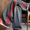 Calça Jeans Esportiva Casual Estilo Americano com Três Listras para Homens, Calça para Meninos High Street Primavera e Verão, Calça Jogger Reta Resistente para Jovens