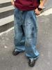 Calça Jeans com Grafite para Homens, Estilo Coreano, High Street, Legal e Bonita, Primavera e Verão 2024, Calça Jeans Wide-Leg Personalizada, Estilo High Street