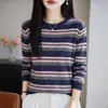 Suéter de punto con cuello redondo, rayas de bloques de color y lentejuelas, manga larga casual para mujer, versátil, corte holgado, suéter de capa interior para otoño/invierno