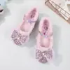Sapatos de Veludo de Salto Alto para Meninas, Sapatos Fashion de Laço Princesa Elsa, Novo Estilo de Inverno Sapatos de Cristal com Lantejoulas para Meninas