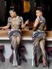 D9566 Ropa de Mujer de Venta Caliente Europea y Americana en Amazon Traje Sexy de Malla Transparente con Rayas Estampadas Mangas Cortas que Muestra el Ombligo