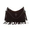 Bolso de Gran Capacidad para Mujer 2026 Primavera Nueva Moda Retro Bolso de Hombro Único Cruzado Textura de Alta Calidad con Remaches y Borlas