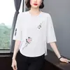 Comercio Transfronterizo~Ropa de Alta Gama para Mujeres de Mediana Edad y Mayores, Camiseta Estampada de Manga Tres Cuartos, Corte Holgado, Adelgazante, Favorecedora, Elegante, Top que Rejuvenece