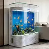 Nuevo acuario de cristal ultra transparente, tamaño mediano a grande, para uso doméstico en la sala de estar, montado en la pared, acuario de forma curva, no necesita cambios de agua, tanque grande curvo de pie
