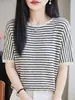 Camiseta Juvenil Suelta de Moda Estilo Coreano Perezoso con Bloques de Color y Rayas para Mujer, Fresca de Verano Adelgazante Talla Grande de Manga Corta