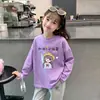 Camiseta de manga larga de algodón 100% para niñas con estampado de dibujos animados para primavera y otoño, adecuada para niños mayores y pequeños, camiseta básica versátil de cuello redondo estilo coreano