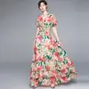 Comercio exterior mujer toma real en stock cuello en V manga corta con volantes cintura elástica estampado vestido largo