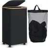 Cesto de Roupa Suja Transfronteiriço com Rodas Dobrável Estrutura de Bambu Cesto de Armazenamento de Roupas Diversas Cesto de Roupa Suja 100L Portátil para Casa