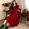 Vestido Rojo Francés para Mujer Tallas Grandes Reductor de Edad Otoño Estilo Hepburn Elegante Formal para Brindar Vestido Largo Gasa Delgada