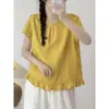 Camiseta de manga curta estilo dopamina com design de babados, top solto versátil de algodão e linho para mulheres, novo estilo de verão