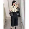 Vestido de tricô feminino pequeno estilo coreano, elegante e delicado, inspirado no Chanel, com saia longa de comprimento médio acima do joelho