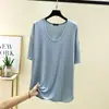 Nova Camiseta de Verão Modal Tamanho Grande Gola U Manga Curta para Mulheres, Casual Caimento Solto, Emagrecedora, Plus Size, Camiseta Básica Cor Sólida