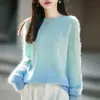 Nueva colección de otoño e invierno: suéter de lana de corte holgado, estilo relajado, de color degradado con tejido de seda cepillada, para mujer, cuello redondo, top de suéter engrosado