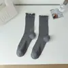Calcetines de Algodón Peinado Calcetines Holgados para Mujer Primavera Verano Estilo Japonés Lindo Volante Encaje Calcetines de Algodón para Mujer Color Sólido Versátil Media Pantorrilla