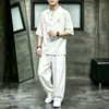 Traje Masculino de Algodão e Linho Bordado Estilo Chinês para o Verão 2026 com Gola Alta e Fechamento por Botões, Conjunto Casual de Duas Peças Estilo Tang Chinês Novo