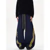 Pantalones deportivos de pierna ancha y corte curvo con bloques de color y tres rayas, estilo retro americano, para hombre y mujer, engrosados, holgados, casuales, deportivos, pantalones de marca de moda