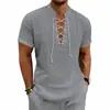 Camisa Masculina de Algodão e Linho com Tiras Cruzadas, Manga Curta, Gola Alta, Decote V, Cadarço, Modelagem Solta, Respirável, Camisa de Praia