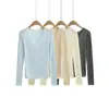 T380-26 Otoño estilo coreano ajustado básico liso minimalista cuello en V tejido manga larga camiseta de base