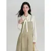 Vestido Midi de Retazos con Bloques de Color y Mangas Abullonadas, Diseño de Principios de Otoño, Elegante Falso Dos Piezas Delgado de Corte A, Vestido Largo para Mujer