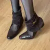 Botines Cuadrados con Correa Tejida Estilo Retro Coreano para Mujer 2026 Otoño/Invierno Aumento Oculto de Altura Puntera Cuadrada Cremallera Trasera Botas Adelgazantes