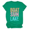 Barco Sol Lago Olas Amazon Ebay Sitio Independiente Moda Versátil Camiseta de Manga Corta con Cuello Redondo para Mujer