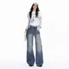 Jeans de Pierna Ancha Lavados con Efecto Desgastado Estilo Retro Naranja para Niños y Mujeres, Sueltos, Adelgazantes, Cubren Imperfecciones, Versátiles, Largos hasta el Suelo