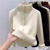 Suéter de Terciopelo Grueso de una Pieza para Mujer, Moderno Cuello Alto, Top Cálido con Media Cremallera, Popular Camiseta de Base de Invierno, Ropa Interior de Manga Larga