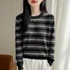 Manga Larga Raya Fresco Pequeño Floral Caída Suave Tencel Lyocell Versátil Tejido de Punto Cuello Redondo Capa Base Viaje