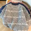 Suéter de punto grueso retro casual estilo coreano con bloques de color y rayas, cuello redondo para mujer, nuevo tejido versátil de otoño e invierno suelto para mujer