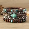Producto Nuevo de Venta Caliente Transfronterizo Set de Pulseras Trenzadas de 5 Piezas con Cuentas de Madera Retro y Cuerda de Cera de Tortuga Turquesa Europea y Americana